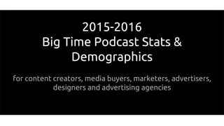 2015-2016
Big Time Podcast Stats &
Demographics
for content creators, media buyers, marketers, advertisers,
designers and advertising agencies
 