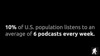 10% of U.S. population listens to an
average of 6 podcasts every week.
 