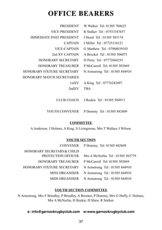 37
OFFICE BEARERSOFFICE BEARERS
PRESIDENT W Walker Tel: 01505 704625
VICE PRESIDENT R Stalker Tel : 07553347657
IMMEDIATE PAST PRESIDENT J Hood Tel : 01505 503174
CAPTAIN J Miller Tel : 07725318121
VICE-CAPTAIN G Matthew Tel : 07988039103
2nd XV CAPTAIN A Brocket Tel : 01505 506075
HONORARY SECRETARY D Perry Tel : 07772684255
HONORARY TREASURER P McCarroll Tel: 01505 503869
HONORARY FIXTURE SECRETARY N Armstrong Tel : 01505 844910
HONORARY MATCH SECRETARIES
1stXV A King Tel : 07776242497
2ndXV TBA
CLUB COACH J Reekie Tel : 01505 504913
YOUTH CONVENER P Dominy Tel : 01505 842609
COMMITTEE
A Anderson, J Holmes, A King, S Livingstone, Mrs T Wallace J Wilson.
YOUTH SECTION
CONVENER P Dominy Tel: 01505 842609
HONORARY SECRETARY& CHILD
PROTECTION OFFICER Mrs A McNerlin Tel : 01505 503779
HONORARY TREASURER P McCarroll Tel: 01505 503869
HONORARY FIXTURE SECRETARY N Armstrong Tel : 01505 844910
MINI ORGANISER N Armstrong Tel : 01505 844910
MIDI ORGANISER N Armstrong Tel : 01505 844910
YOUTH SECTION COMMITTEE
N Armstrong, Mrs F Brindley, P Brindley, A Brocket, P Dominy, Mrs G Duffy, C Holmes,
Mrs A McNerlin, H Reekie, D Shaw, R Stalker.
e: info@garnockrugbyclub.com w:www.garnockrugbyclub.com
 