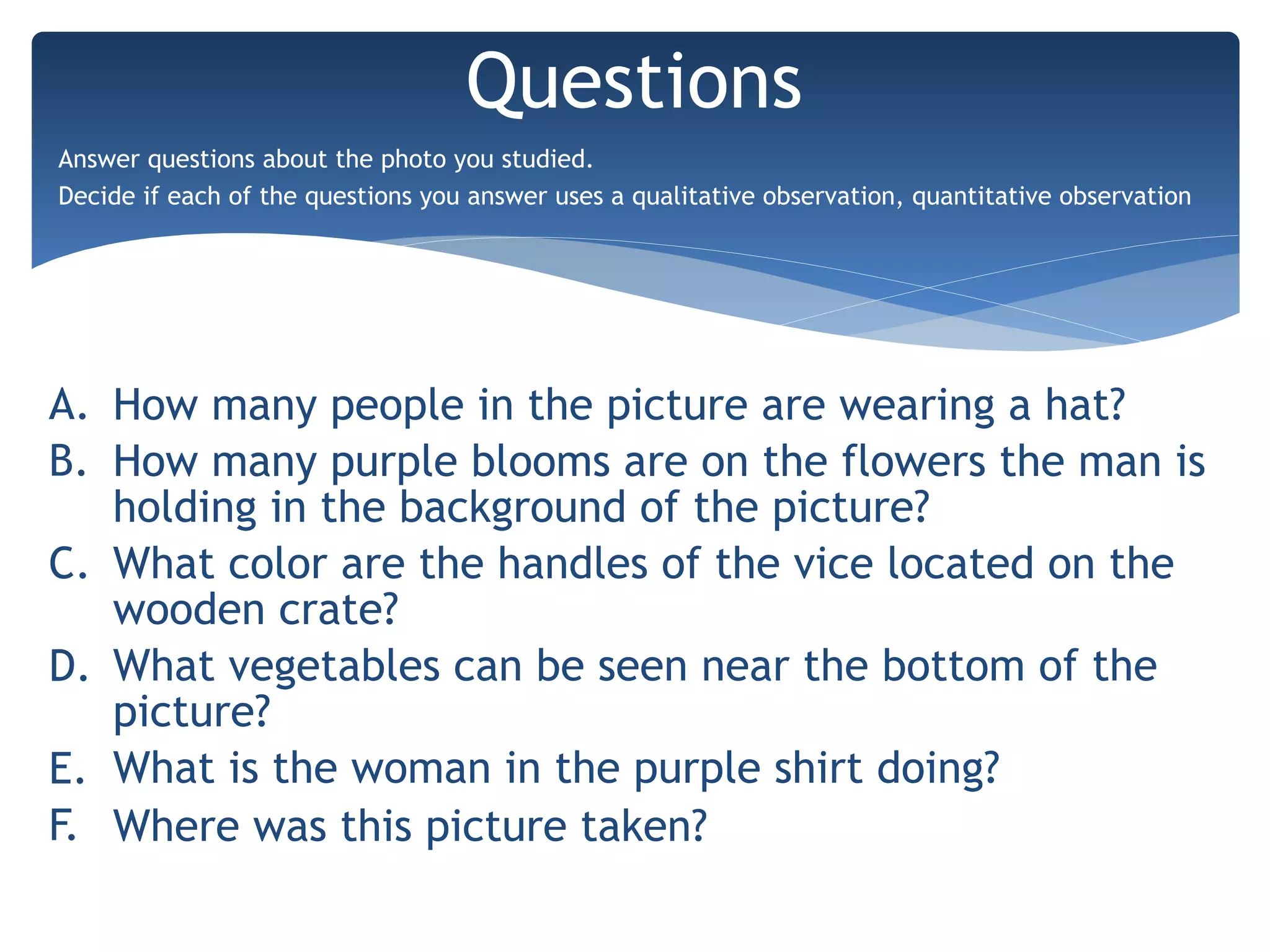 A. How many people in the picture are wearing a hat?
B. How many purple blooms are on the flowers the man is
holding in the background of the picture?
C. What color are the handles of the vice located on the
wooden crate?
D. What vegetables can be seen near the bottom of the
picture?
E. What is the woman in the purple shirt doing?
F. Where was this picture taken?
Questions
Answer questions about the photo you studied.
Decide if each of the questions you answer uses a qualitative observation, quantitative observation
 