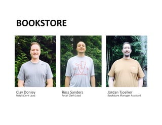 BOOKSTORE	
 
Clay Donley  
Retail Clerk Lead 
Ross Sanders  
Retail Clerk Lead 
Jordan Tjoelker  
Bookstore Manager Assistant 
 