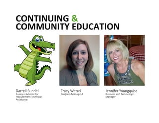 CONTINUING	
 &	
 	
 
COMMUNITY	
 EDUCATION	
 
Darrell Sundell   
Business Advisor for 
Procurement Technical 
Assistance 
Tracy Wetzel  
Program Manager A 
Jennifer Youngquist  
Business and Technology 
Manager 
 