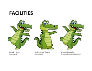 FACILITIES	
 
Mack Lidon  
Custodian 4 
Yohannes Teferi  
Custodian 1 
Aaron Moody  
Grounds & Nursery Specialist 2 
 
