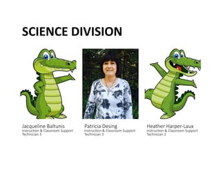 SCIENCE	
 DIVISION	
 
Jacqueline Baltunis  
Instruc@on & Classroom Support 
Technician 3 
Patricia Desing  
Instruc@on & Classroom Support 
Technician 3 
Heather Harper-­‐Laux  
Instruc@on & Classroom Support 
Technician 2 
 