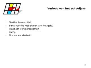 Verloop van het schooljaar
• Gastles bureau Halt
• Bank voor de klas (week van het geld)
• Praktisch verkeersexamen
• Kamp
• Musical en afscheid
3
 