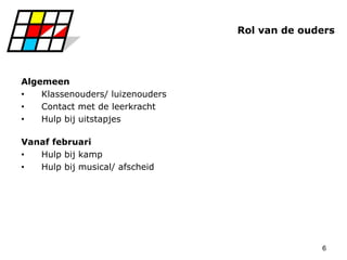 6
Rol van de ouders
Algemeen
• Klassenouders/ luizenouders
• Contact met de leerkracht
• Hulp bij uitstapjes
Vanaf februari
• Hulp bij kamp
• Hulp bij musical/ afscheid
 