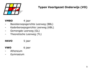 9
Typen Voortgezet Onderwijs (VO)
VMBO 4 jaar
- Basisberoepsgerichte Leerweg (BBL)
- Kaderberoepsgerichte Leerweg (KBL)
- Gemengde Leerweg (GL)
- Theoretische Leerweg (TL)
HAVO 5 jaar
VWO 6 jaar
- Atheneum
- Gymnasium
 