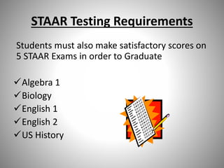 STAAR Testing Requirements
Students must also make satisfactory scores on
5 STAAR Exams in order to Graduate
Algebra 1
Biology
English 1
English 2
US History
 