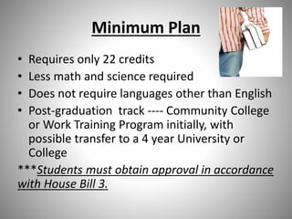 Minimum Plan
• Requires only 22 credits
• Less math and science required
• Does not require languages other than English
• Post-graduation track ---- Community College
or Work Training Program initially, with
possible transfer to a 4 year University or
College
***Students must obtain approval in accordance
with House Bill 3.
 