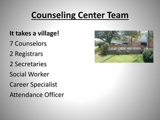 Counseling Center Team
It takes a village!
7 Counselors
2 Registrars
2 Secretaries
Social Worker
Career Specialist
Attendance Officer
 