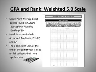 GPA and Rank: Weighted 5.0 Scale
• Grade Point Average Chart
can be found in CCISD’s
Educational Planning
Guide (p. 99).
• Level 1 courses include
Advanced Academic, Pre-AP,
and AP.
• The 6 semester GPA, at the
end of the Junior year is used
for fall college admissions
applications.
 