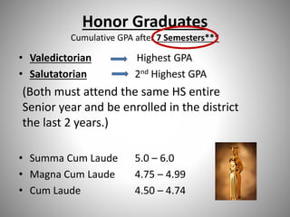Honor Graduates
Cumulative GPA after 7 Semesters***
• Valedictorian Highest GPA
• Salutatorian 2nd Highest GPA
(Both must attend the same HS entire
Senior year and be enrolled in the district
the last 2 years.)
• Summa Cum Laude 5.0 – 6.0
• Magna Cum Laude 4.75 – 4.99
• Cum Laude 4.50 – 4.74
 