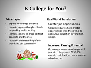 Is College for You?
Advantages
• Expand knowledge and skills
• Learn to express thoughts clearly
in speaking and in writing
• Increases ability to grasp abstract
concepts and theories
• Increases understanding of the
world and our community
Real World Translation
Greater job opportunities
College graduates have greater
opportunities than those who do
not pursue education beyond high
school.
Increased Earning Potential
On average, someone who spends 2
years in college earns $250,000
more in their lifetime than someone
who does not.
 