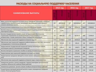 НАИМЕНОВАНИЕ ВЫПЛАТЫ
2015 год 2016 год 2017 год
КОЛ-ВО
ПОЛУЧАТЕЛЕЙ
РАСХОДЫ
КОЛ-ВО
ПОЛУЧАТЕЛЕЙ
РАСХОДЫ
КОЛ-ВО
ПОЛУЧАТЕЛЕЙ
РАСХОДЫ
Меры социальной поддержки по оплате жилых помещений, отопления и освещения
педработникам образовательных организаций, проживающим и работающим в
сельских населенных пунктах
497 9695920,00 497 10054680,00 497 10054680,00
Оплата жилищно-коммунальных услуг отдельным категориям граждан 5800 54473,40 5700 55944,10 5650 57900,90
Выплаты инвалидам компенсаций страховых премий по договорам ОСАГО владельцев
транспортных средств
4 21,90 - - - -
Выплаты государственных пособий лицам, не подлежащим обязательному
социальному страхованию на случай временной нетрудоспособности и в связи с
материнством, и лицам, уволенным в связи с ликвидацией организаций
452 28801,60 473 30130,10 500 31349,50
Обеспечение мер социальной поддержки ветеранов труда СК 2968 51728,23 3324 56193,26 3502 61038,65
Обеспечение мер социальной поддержки реабилитированных лиц и лиц, признанных
пострадавшими от политических репрессий
56 971,56 52 905,41 48 839,25
Предоставление государственной социальной помощи малоимущим семьям,
малоимущим одиноко проживающим гражданам
298 1108,75 298 1108,75 298 1108,75
Выплата ежегодного социального пособия на проезд учащимся (студентам) 179 131,44 179 131,44 179 131,44
Предоставление мер социальной поддержки многодетным семьям 591 7522,20 627 7972,66 665 8452,41
Предоставление гражданам субсидий на оплату жилого помещения и коммунальных
услуг
2610 55677,42 2620 55 947,75 2630 52474,07
Обеспечение мер социальной поддержки ветеранов труда и тружеников тыла 3550 61939,93 3353 58508,46 3168 55270,82
Ежемесячная доплата к пенсии гражданам, ставшим инвалидами при исполнении
служебных обязанностей в районах боевых действий
6 51,36 6 51,36 6 51,36
Ежемесячные денежные выплаты семьям погибших ветеранов боевых действий 19 162,64 19 162,64 19 162,64
Осуществление ежегодной денежной выплаты лицам, награжденным нагрудным
знаком «Почетный донор России»
123 1541,50 129 1621,40 134 1691,00
 