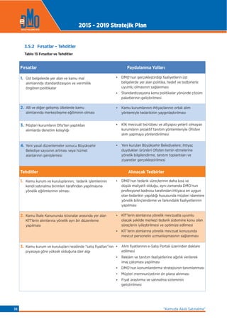 3.5.2 Fırsatlar – Tehditler
Tablo 15 Fırsatlar ve Tehditler
Fırsatlar Faydalanma Yolları
• DMO’nun gerçekleştirdiği faaliyetlerin üst
belgelerde yer alan politika, hedef ve tedbirlerle
uyumlu olmasının sağlanması
• Standardizasyona konu politikalar yönünde çözüm
paketlerinin geliştirilmesi
• Kamu kurumlarının ihtiyaçlarının ortak alım
yöntemiyle tedarikinin yaygınlaştırılması
• KİK mevzuat tecrübesi ve altyapısı yeterli olmayan
kurumların proaktif tanıtım yöntemleriyle Ofisten
alım yapmaya yönlendirilmesi
• Yeni kurulan Büyükşehir Belediyelere; ihtiyaç
duydukları ürünleri Ofisten temin etmelerine
yönelik bilgilendirme, tanıtım toplantıları ve
ziyaretler gerçekleştirilmesi
Tehditler Alınacak Tedbirler
1. Kamu kurum ve kuruluşlarının; tedarik işlemlerinin
kendi satınalma birimleri tarafından yapılmasına
yönelik eğilimlerinin olması
• DMO’nun tedarik süreçlerinin daha kısa ve
düşük maliyetli olduğu, aynı zamanda DMO’nun
profesyonel kadrosu tarafından ihtiyaca en uygun
olan tedarikin yapıldığı hususunda müşteri idarelere
yönelik bilinçlendirme ve farkındalık faaliyetlerinin
yapılması
2. Kamu İhale Kanununda istisnalar arasında yer alan
KİT’lerin alımlarına yönelik ayrı bir düzenleme
yapılması
• KİT’lerin alımlarına yönelik mevzuatla uyumlu
olacak şekilde merkezi tedarik sistemine konu olan
süreçlerin iyileştirilmesi ve optimize edilmesi
• KİT’lerin alımlarına yönelik mevzuat konusunda
mevcut personelin uzmanlaşmasının sağlanması
3. Kamu kurum ve kuruluşları nezdinde “satış fiyatları”nın
piyasaya göre yüksek olduğuna dair algı
• Alım fiyatlarının e-Satış Portalı üzerinden deklare
edilmesi
• Reklam ve tanıtım faaliyetlerine ağırlık verilerek
imaj çalışması yapılması
• DMO’nun konumlandırma stratejisinin tanımlanması
• Müşteri memnuniyetinin ön plana alınması
• Fiyat araştırma ve satınalma sisteminin
geliştirilmesi
1. Üst belgelerde yer alan ve kamu mal
alımlarında standardizasyon ve verimlilik
öngören politikalar
2. AB ve diğer gelişmiş ülkelerde kamu
alımlarında merkezileşme eğiliminin olması
3. Müşteri kurumların Ofis’ten yaptıkları
alımlarda denetim kolaylığı
4. Yeni yasal düzenlemeler sonucu Büyükşehir
Belediye sayısının artması veya hizmet
alanlarının genişlemesi
2015 - 2019 Stratejik Plan
“Kamuda Akıllı Satınalma”38
 