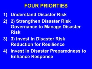 FOUR PRIORTIES
1) Understand Disaster Risk
2) 2) Strengthen Disaster Risk
Governance to Manage Disaster
Risk
3) 3) Invest in Disaster Risk
Reduction for Resilience
4) Invest in Disaster Preparedness to
Enhance Response
 