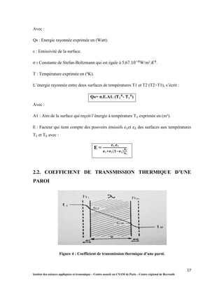 17
Institut des sciences appliquées et économique – Centre associé au CNAM de Paris – Centre régional de Beyrouth
Avec :
QR : Energie rayonnée exprimée en (Watt).
ε : Emissivité de la surface.
σ : Constante de Stefan-Boltzmann qui est égale à 5,67. W/m². .
T : Température exprimée en (ºK).
L’énergie rayonnée entre deux surfaces de températures T1 et T2 (T2>T1), s’écrit :
QR= σ.E.A1. ( - )
Avec :
A1 : Aire de la surface qui reçoit l’énergie à température T exprimée en (m²).
E : Facteur qui tient compte des pouvoirs émissifs e et e des surfaces aux températures
T et T avec :
E =
2.2. COEFFICIENT DE TRANSMISSION THERMIQUE D’UNE
PAROI
Figure 4 : Coefficient de transmission thermique d’une paroi.
 
