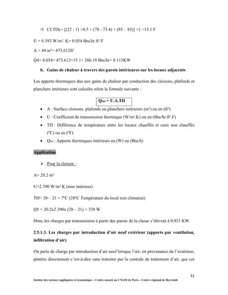31
Institut des sciences appliquées et économique – Centre associé au CNAM de Paris – Centre régional de Beyrouth
 CLTDc= [(22 - 1) ×0.5 + (78 - 73.4) + (85 – 85)] ×1 =15.1 F
U = 0.393 W/m². K= 0.054 Btu/hr.ft².F
A = 44 m²= 473.612ft²
Q4= 0.054× 473.612×15.1= 386.18 Btu/hr= 0.113KW
b. Gains de chaleur à travers des parois intérieures sur les locaux adjacents
Les apports thermiques dus aux gains de chaleur par conduction des cloisons, plafonds et
planchers intérieurs sont calculés selon la formule suivante :
Qint = U.A.TD
 A : Surface cloisons, plafonds ou planchers intérieurs (m²) ou en (ft²)
 U : Coefficient de transmission thermique (W/m².K) ou en (Btu/hr.ft².F)
 TD : Différence de température entre les locaux chauffés et ceux non chauffés
(ºC) ou en (ºF)
 Qint : Apports thermiques intérieurs en (W) ou (Btu/h)
Application
 Pour la cloison :
A= 20.2 m²
U=2.390 W/m².K (mur intérieur)
TD= 28 – 21 = 7ºC (28ºC Température du local non climatisé)
Q5 = 20.2x2.390x (28 – 21) = 338 W
Donc les charges par transmission à partir des parois de la classe s’élèvent à 0.851 KW.
2.5.1.3. Les charges par introduction d’air neuf extérieur (apports par ventilation,
infiltration d’air)
On parle de charge par introduction d’air neuf lorsque l’air, en provenance de l’extérieur,
pénètre directement c’est-à-dire sans transiter par la centrale de traitement d’air, que cet
 