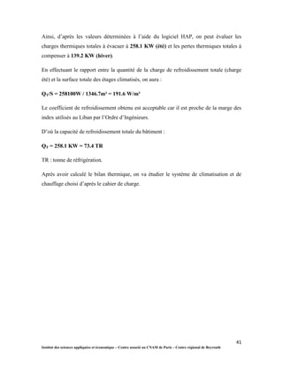 41
Institut des sciences appliquées et économique – Centre associé au CNAM de Paris – Centre régional de Beyrouth
Ainsi, d’après les valeurs déterminées à l’aide du logiciel HAP, on peut évaluer les
charges thermiques totales à évacuer à 258.1 KW (été) et les pertes thermiques totales à
compenser à 139.2 KW (hiver).
En effectuant le rapport entre la quantité de la charge de refroidissement totale (charge
été) et la surface totale des étages climatisés, on aura :
QT/S = 258100W / 1346.7m² = 191.6 W/m²
Le coefficient de refroidissement obtenu est acceptable car il est proche de la marge des
index utilisés au Liban par l’Ordre d’Ingénieurs.
D’où la capacité de refroidissement totale du bâtiment :
QT = 258.1 KW = 73.4 TR
TR : tonne de réfrigération.
Après avoir calculé le bilan thermique, on va étudier le système de climatisation et de
chauffage choisi d’après le cahier de charge.
 
