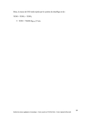 64
Institut des sciences appliquées et économique – Centre associé au CNAM de Paris – Centre régional de Beyrouth
Donc, la masse de CO2 totale rejetée par le système de chauffage est de :
TEWI = TEWI1 + TEWI2
 TEWI = 704496 KgCO2/15 ans.
 