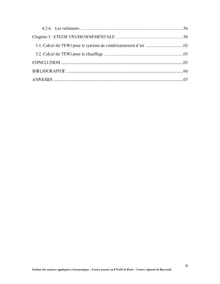 6
Institut des sciences appliquées et économique – Centre associé au CNAM de Paris – Centre régional de Beyrouth
4.2.6. Les radiateurs ...............................................................................................56
Chapitre 5 : ETUDE ENVIRONNEMENTALE ..............................................................58
5.1. Calcul du TEWI pour le système de conditionnement d’air ...................................62
5.2. Calcul du TEWI pour le chauffage .........................................................................63
CONCLUSION .................................................................................................................65
BIBLIOGRAPHIE ............................................................................................................66
ANNEXES ........................................................................................................................67
 