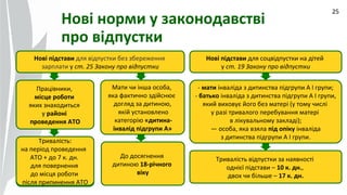 09.07.14
25
Нові норми у законодавстві
про відпустки
Нові підстави для відпустки без збереження
зарплати у ст. 25 Закону про відпустки
Нові підстави для соцвідпустки на дітей
у ст. 19 Закону про відпустки
Працівники,
місце роботи
яких знаходиться
у районі
проведення АТО
Мати чи інша особа,
яка фактично здійснює
догляд за дитиною,
якій установлено
категорію «дитина-
інвалід підгрупи А»
Тривалість:
на період проведення
АТО + до 7 к. дн.
для повернення
до місця роботи
після припинення АТО
Тривалість:
на період проведення
АТО + до 7 к. дн.
для повернення
до місця роботи
після припинення АТО
До досягнення
дитиною 18-річного
віку
- мати інваліда з дитинства підгрупи А I групи;
- батько інваліда з дитинства підгрупи А I групи,
який виховує його без матері (у тому числі
у разі тривалого перебування матері
в лікувальному закладі);
— особа, яка взяла під опіку інваліда
з дитинства підгрупи А I групи.
Тривалість відпустки за наявності
однієї підстави – 10 к. дн.,
двох чи більше – 17 к. дн.
 