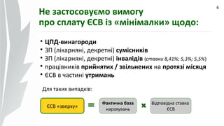 09.07.14
6
Не застосовуємо вимогу
про сплату ЄСВ із «мінімалки» щодо:
ЄСВ «зверху»
Фактична база
нарахувань
Відповідна ставка
ЄСВ

ЦПД-винагороди

ЗП (лікарняні, декретні) сумісників

ЗП (лікарняні, декретні) інвалідів (ставки 8,41%; 5,3%; 5,5%)

працівників прийнятих / звільнених на протязі місяця

ЄСВ в частині утримань
Для таких випадків:
 