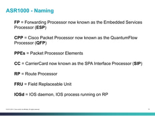 18© 2013-2014 Cisco and/or its affiliates. All rights reserved.
FP = Forwarding Processor now known as the Embedded Services
Processor (ESP)
CPP = Cisco Packet Processor now known as the QuantumFlow
Processor (QFP)
PPEs = Packet Processor Elements
CC = CarrierCard now known as the SPA Interface Processor (SIP)
RP = Route Processor
FRU = Field Replaceable Unit
IOSd = IOS daemon, IOS process running on RP
ASR1000 - Naming
 