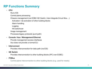 24© 2013-2014 Cisco and/or its affiliates. All rights reserved.
RP Functions Summary
• CPU
Runs IOS
Control plane processing
Chassis management (via EOBC GE Switch, Inter-Integrate Circuit Mux…)
Activation / de-activation of other building blocks
Alarm handling
Logging
HA switchover
Image management
Processes legacy protocols (punt path)
• Console / Aux / Management Ethernet
Provide management access interfaces
Aux does not provide a normal CLI
• Interconnect
Provides interconnection for data path (via ESI)
• GE Switch
Provides interconnection to other building blocks (IPC over EOBC)
• I2CMux
Control plane interconnection to other building blocks (e.g. used for resets)
 