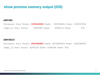 46© 2013-2014 Cisco and/or its affiliates. All rights reserved.
show process memory output (IOS)
ASR1002
Processor Pool Total: 1695268496 Used: 362330804 Free: 1332937692
lsmpi_io Pool Total: 6295088 Used: 6294116 Free: 972
ASR1002-X
Processor Pool Total: 3905088960 Used: 2876800024 Free: 1028288936
lsmpi_io Pool Total: 6295128 Used: 6294296 Free: 832
 