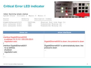 54© 2013-2014 Cisco and/or its affiliates. All rights reserved.
Critical Error LED indicator
#show facility-alarm status
S...