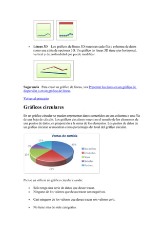 • Líneas 3D Los gráficos de líneas 3D muestran cada fila o columna de datos
como una cinta de opciones 3D. Un gráfico de líneas 3D tiene ejes horizontal,
vertical y de profundidad que puede modificar.
Sugerencia Para crear un gráfico de líneas, vea Presentar los datos en un gráfico de
dispersión o en un gráfico de líneas.
Volver al principio
Gráficos circulares
En un gráfico circular se pueden representar datos contenidos en una columna o una fila
de una hoja de cálculo. Los gráficos circulares muestran el tamaño de los elementos de
una puntos de datos, en proporción a la suma de los elementos. Los puntos de datos de
un gráfico circular se muestran como porcentajes del total del gráfico circular.
Piense en utilizar un gráfico circular cuando:
• Sólo tenga una serie de datos que desee trazar.
• Ninguno de los valores que desea trazar son negativos.
• Casi ninguno de los valores que desea trazar son valores cero.
• No tiene más de siete categorías.
 