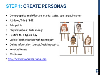 STEP 1: CREATE PERSONAS
• Demographics (male/female, marital status, age range, income)
• Job level/Title (if B2B)
• Pain points
• Objections to attitude change
• Routine for a typical day
• Level of sophistication with technology
• Online information sources/social networks
• Keyword terms
• Mobile use
* http://www.makemypersona.com
39
 