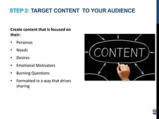 STEP 2: TARGET CONTENT TO YOUR AUDIENCE
Create content that is focused on
their:
• Personas
• Needs
• Desires
• Emotional Motivators
• Burning Questions
• Formatted in a way that drives
sharing
40
 