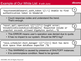 DOCOMO, INC All Rights Reserved
Example of Our White List # with Juno
• Count response codes and understand the trend.
That’s enough.
^keystonemiddleware.auth_token [-] Unable to find
authentication token in headers$
• This ERROR means user’s operation was denied due to quota.
• It has no impact to our system. Should be INFO log?
^nova.api.openstack [[^]]*] Caught error:
VolumeSizeExceedsAvailableQuota: Requested volume or
snapshot exceeds allowed Gigabytes quota..*$
• This WARNING is caused by presence of SHUTOFF instances.
• It is commonplace condition. Need to be ignored.
^nova.scheduler.host_manager [[^]]+] Host has more
disk space than database expected .*$
31
1
2
3
 