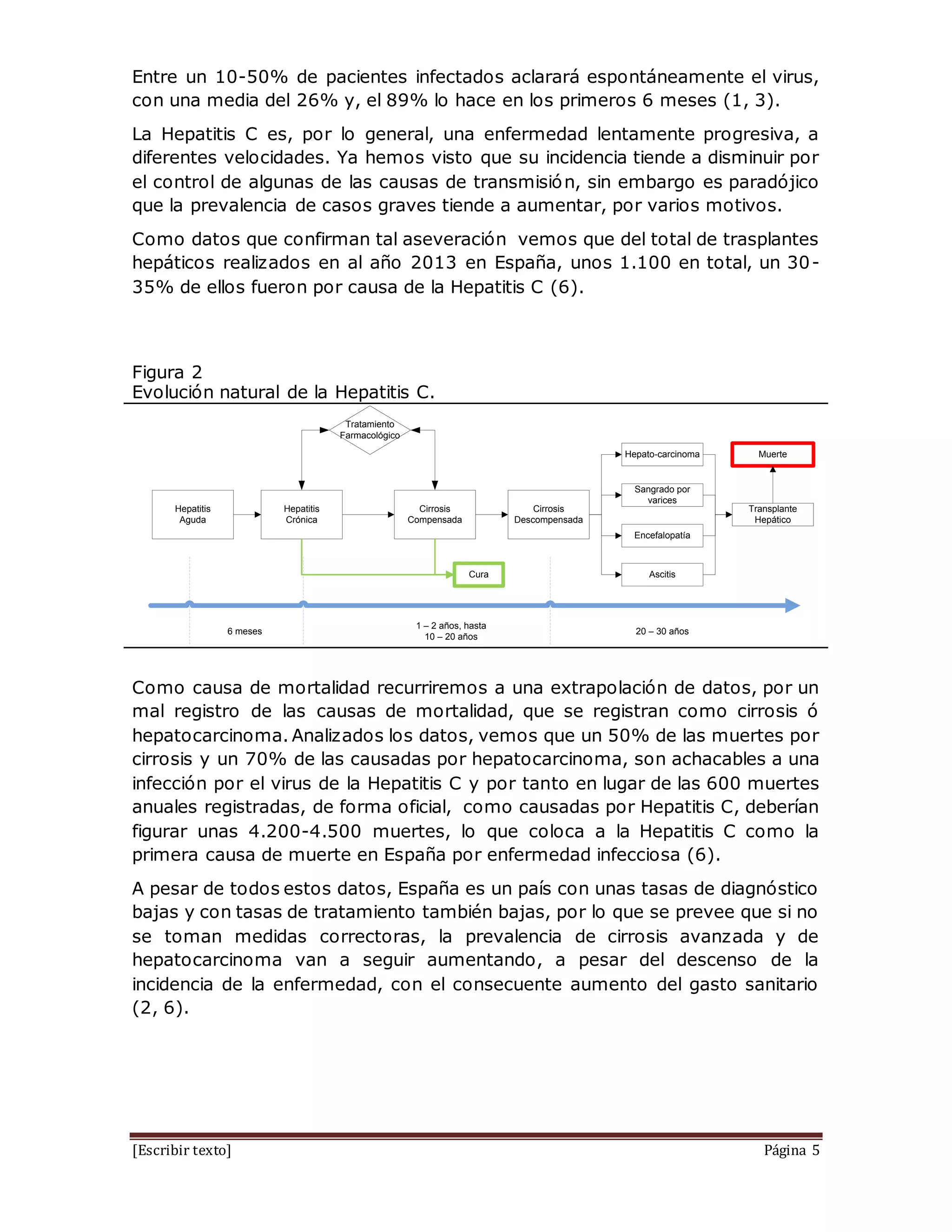 [Escribir texto] Página 5
Entre un 10-50% de pacientes infectados aclarará espontáneamente el virus,
con una media del 26% y, el 89% lo hace en los primeros 6 meses (1, 3).
La Hepatitis C es, por lo general, una enfermedad lentamente progresiva, a
diferentes velocidades. Ya hemos visto que su incidencia tiende a disminuir por
el control de algunas de las causas de transmisión, sin embargo es paradójico
que la prevalencia de casos graves tiende a aumentar, por varios motivos.
Como datos que confirman tal aseveración vemos que del total de trasplantes
hepáticos realizados en al año 2013 en España, unos 1.100 en total, un 30-
35% de ellos fueron por causa de la Hepatitis C (6).
Como causa de mortalidad recurriremos a una extrapolación de datos, por un
mal registro de las causas de mortalidad, que se registran como cirrosis ó
hepatocarcinoma. Analizados los datos, vemos que un 50% de las muertes por
cirrosis y un 70% de las causadas por hepatocarcinoma, son achacables a una
infección por el virus de la Hepatitis C y por tanto en lugar de las 600 muertes
anuales registradas, de forma oficial, como causadas por Hepatitis C, deberían
figurar unas 4.200-4.500 muertes, lo que coloca a la Hepatitis C como la
primera causa de muerte en España por enfermedad infecciosa (6).
A pesar de todos estos datos, España es un país con unas tasas de diagnóstico
bajas y con tasas de tratamiento también bajas, por lo que se prevee que si no
se toman medidas correctoras, la prevalencia de cirrosis avanzada y de
hepatocarcinoma van a seguir aumentando, a pesar del descenso de la
incidencia de la enfermedad, con el consecuente aumento del gasto sanitario
(2, 6).
Figura 2
Evolución natural de la Hepatitis C.
Hepatitis
Aguda
Hepatitis
Crónica
Cirrosis
Compensada
Cirrosis
Descompensada
Hepato-carcinoma
Sangrado por
varices
Encefalopatía
Ascitis
Transplante
Hepático
Muerte
Cura
6 meses
1 – 2 años, hasta
10 – 20 años
20 – 30 años
Tratamiento
Farmacológico
 