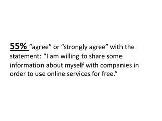 55% “agree” or “strongly agree” with the
statement: “I am willing to share some
information about myself with companies in
order to use online services for free.”
 