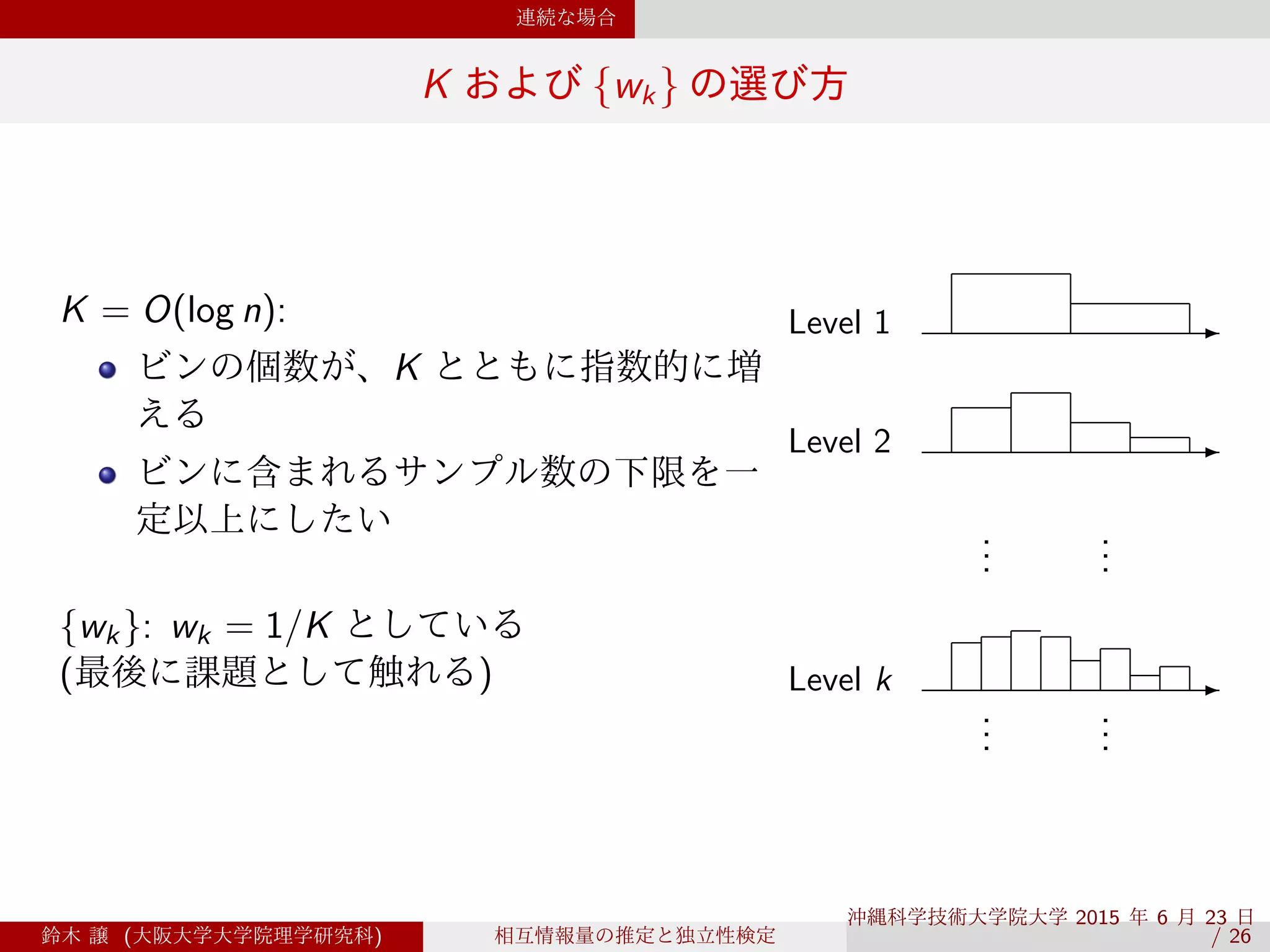 連続な場合
K および {wk} の選び方
K = O(log n):
ビンの個数が、K とともに指数的に増
える
ビンに含まれるサンプル数の下限を一
定以上にしたい
 
{wk}: wk = 1/K としている
(最後に課題として触れる)
...
...
...
...
-
-
-
-
-
-
Level 1
Level 2
Level k
鈴木 譲 (大阪大学大学院理学研究科) 相互情報量の推定と独立性検定
沖縄科学技術大学院大学 2015 年 6 月 23 日 
/ 26
 