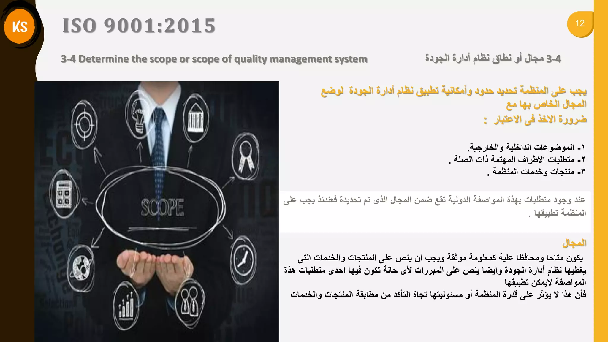 12
ISO 9001:2015
3-4 Determine the scope or scope of quality management system ‫مجال‬‫أدارة‬ ‫نظام‬ ‫نطاق‬ ‫أو‬‫الجودة‬ 3-4
‫لوضع‬ ‫الجودة‬ ‫أدارة‬ ‫نظام‬ ‫تطبٌك‬ ‫وأمكانٌة‬ ‫حدود‬ ‫تحدٌد‬ ‫المنظمة‬ ‫على‬ ‫ٌجب‬
‫مع‬ ‫بها‬ ‫الخاص‬ ‫المجال‬
‫االعتبار‬ ‫فى‬ ‫االخذ‬ ‫ضرورة‬:
1-‫والخارجٌة‬ ‫الداخلٌة‬ ‫الموضوعات‬.
2-‫الصلة‬ ‫ذات‬ ‫المهتمة‬ ‫االطراف‬ ‫متطلبات‬.
3-‫المنظمة‬ ‫وخدمات‬ ‫منتجات‬.
‫على‬ ‫ٌجب‬ ‫فعندئذ‬ ‫تحدٌدة‬ ‫تم‬ ‫الذى‬ ‫المجال‬ ‫ضمن‬ ‫تمع‬ ‫الدولٌة‬ ‫المواصفة‬ ‫بهذة‬ ‫متطلبات‬ ‫وجود‬ ‫عند‬
‫تطبٌمها‬ ‫المنظمة‬.
‫المجال‬
‫التى‬ ‫والخدمات‬ ‫المنتجات‬ ‫على‬ ‫ٌنص‬ ‫ان‬ ‫وٌجب‬ ‫موثمة‬ ‫كمعلومة‬ ‫علٌة‬ ‫ومحافظا‬ ‫متاحا‬ ‫ٌكون‬
‫هذة‬ ‫متطلبات‬ ‫احدى‬ ‫فٌها‬ ‫تكون‬ ‫حالة‬ ‫ألى‬ ‫المبررات‬ ‫على‬ ‫ٌنص‬ ‫واٌضا‬ ‫الجودة‬ ‫أدارة‬ ‫نظام‬ ‫ٌغطٌها‬
‫تطبٌمها‬ ‫الٌمكن‬ ‫المواصفة‬
‫والخدمات‬ ‫المنتجات‬ ‫مطابمة‬ ‫من‬ ‫التأكد‬ ‫تجاة‬ ‫مسئولٌتها‬ ‫أو‬ ‫المنظمة‬ ‫لدرة‬ ‫على‬ ‫ٌؤثر‬ ‫ال‬ ‫هذا‬ ‫فأن‬
 