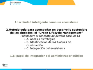 1.La ciudad inteligente como un ecosistema
2.Metodología para acompañar un desarrollo sostenible
de las ciudades: el “Urba...
