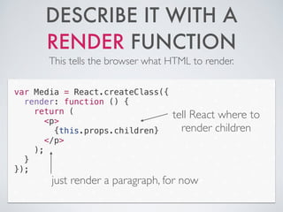 DESCRIBE IT WITH A
RENDER FUNCTION
This tells the browser what HTML to render.
var Media = React.createClass({
render: function () {
return (
<p>
{this.props.children}
</p>
);
}
});
just render a paragraph, for now
tell React where to
render children
 