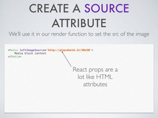 CREATE A SOURCE
ATTRIBUTE
We’ll use it in our render function to set the src of the image
<Media leftImageSource='http://placehold.it/50x50'>
Media block content
</Media>
React props are a
lot like HTML
attributes
 