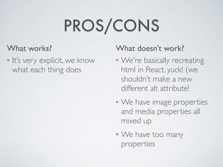 PROS/CONS
❖ It’s very explicit, we know
what each thing does
What works?
❖ We're basically recreating
html in React, yuck! (we
shouldn’t make a new
different alt attribute!	

❖ We have image properties
and media properties all
mixed up	

❖ We have too many
properties
What doesn’t work?
 