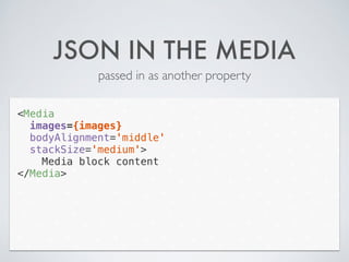 JSON IN THE MEDIA
passed in as another property
<Media
images={images}
bodyAlignment='middle'
stackSize='medium'>
Media block content
</Media>
 