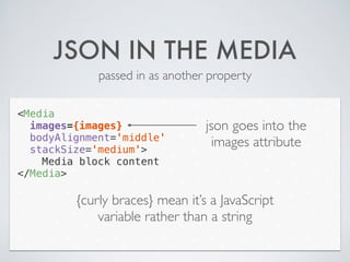JSON IN THE MEDIA
passed in as another property
<Media
images={images}
bodyAlignment='middle'
stackSize='medium'>
Media block content
</Media>
json goes into the
images attribute
{curly braces} mean it’s a JavaScript
variable rather than a string
 