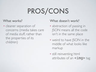 What works? What doesn’t work?
PROS/CONS
❖ abstraction of passing in
JSON means all the code
isn't in the same place	

❖ weird to have JSON in the
middle of what looks like
markup	

❖ still reinventing html
attributes of an <img> tag
❖ cleaner separation of
concerns (media takes care
of media stuff, rather than
the properties of its
children)
 