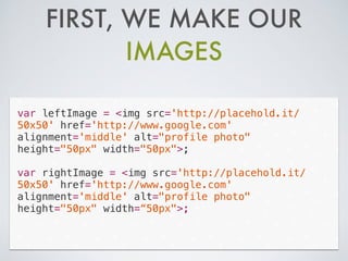 FIRST, WE MAKE OUR
IMAGES
var leftImage = <img src='http://placehold.it/
50x50' href='http://www.google.com'
alignment='middle' alt="profile photo"
height="50px" width="50px">;
!
var rightImage = <img src='http://placehold.it/
50x50' href='http://www.google.com'
alignment='middle' alt="profile photo"
height="50px" width=“50px">;
 