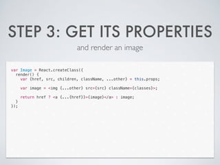 STEP 3: GET ITS PROPERTIES
and render an image
var Image = React.createClass({
render() {
var {href, src, children, className, ...other} = this.props;
!
var image = <img {...other} src={src} className={classes}>;
!
return href ? <a {...{href}}>{image}</a> : image;
}
});
 