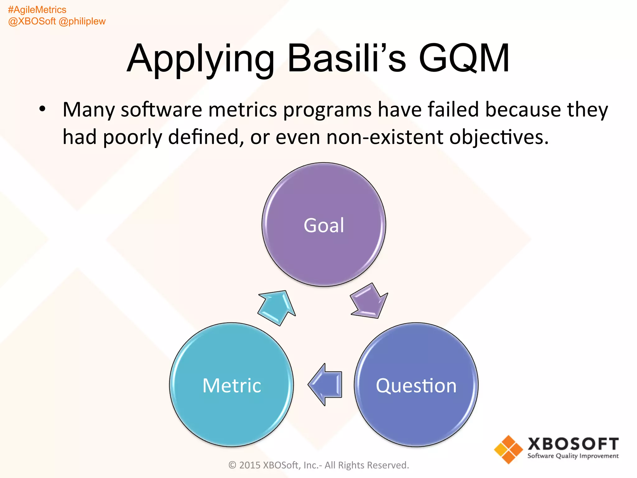 #AgileMetrics
@XBOSoft @philiplew
Applying Basili’s GQM
•  Many	
  soFware	
  metrics	
  programs	
  have	
  failed	
  because	
  they	
  
had	
  poorly	
  deﬁned,	
  or	
  even	
  non-­‐existent	
  objecQves.	
  	
  
Goal	
  
QuesQon	
  Metric	
  
©	
  2015	
  XBOSoF,	
  Inc.-­‐	
  All	
  Rights	
  Reserved.	
  
 