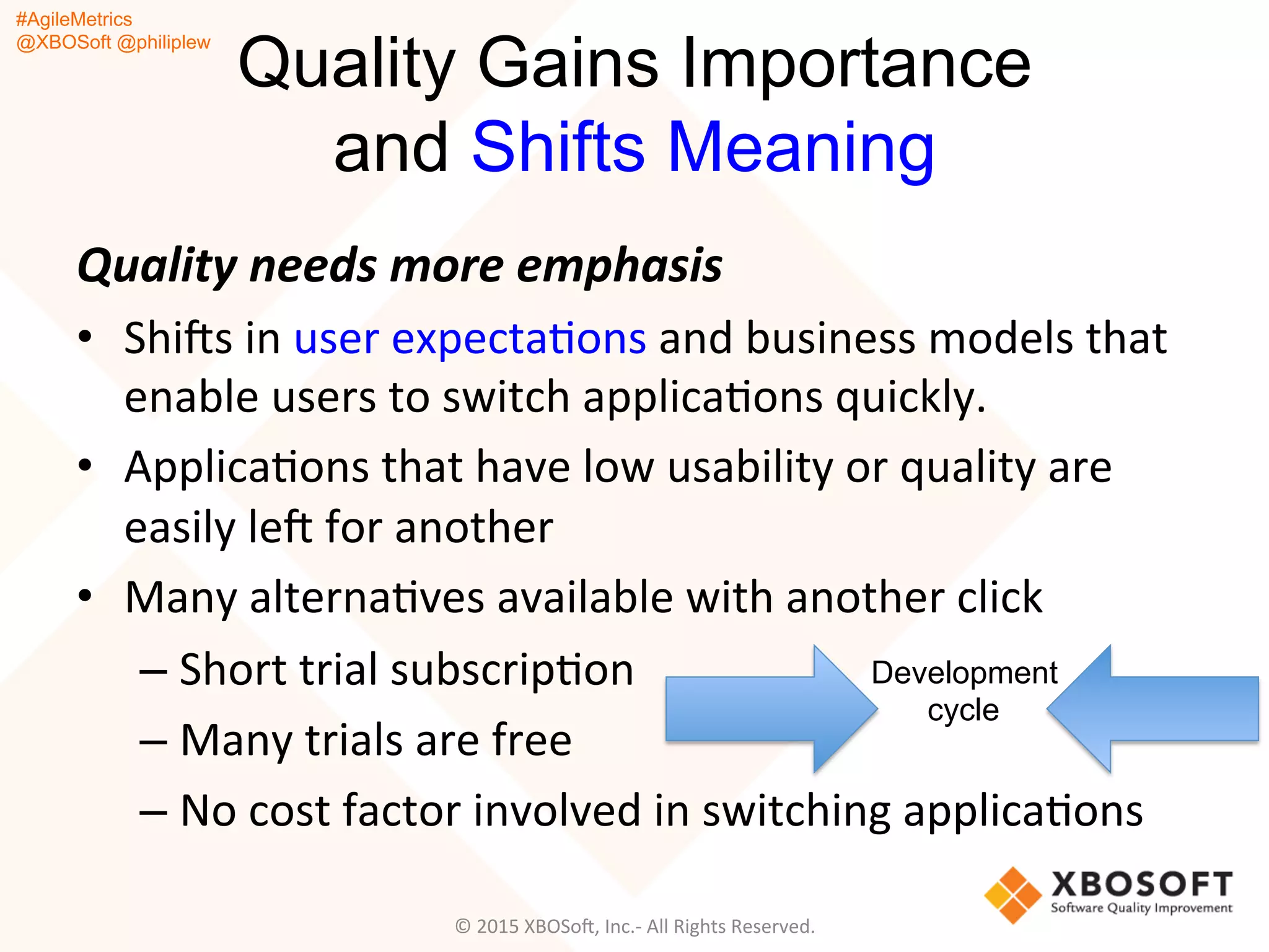 #AgileMetrics
@XBOSoft @philiplew
Quality Gains Importance
and Shifts Meaning
Quality	
  needs	
  more	
  emphasis	
  	
  
•  ShiFs	
  in	
  user	
  expectaQons	
  and	
  business	
  models	
  that	
  
enable	
  users	
  to	
  switch	
  applicaQons	
  quickly.	
  	
  
•  ApplicaQons	
  that	
  have	
  low	
  usability	
  or	
  quality	
  are	
  
easily	
  leF	
  for	
  another	
  	
  
•  Many	
  alternaQves	
  available	
  with	
  another	
  click	
  	
  
– Short	
  trial	
  subscripQon	
  	
  
– Many	
  trials	
  are	
  free	
  	
  
– No	
  cost	
  factor	
  involved	
  in	
  switching	
  applicaQons	
  
©	
  2015	
  XBOSoF,	
  Inc.-­‐	
  All	
  Rights	
  Reserved.	
  
Development
cycle
 
